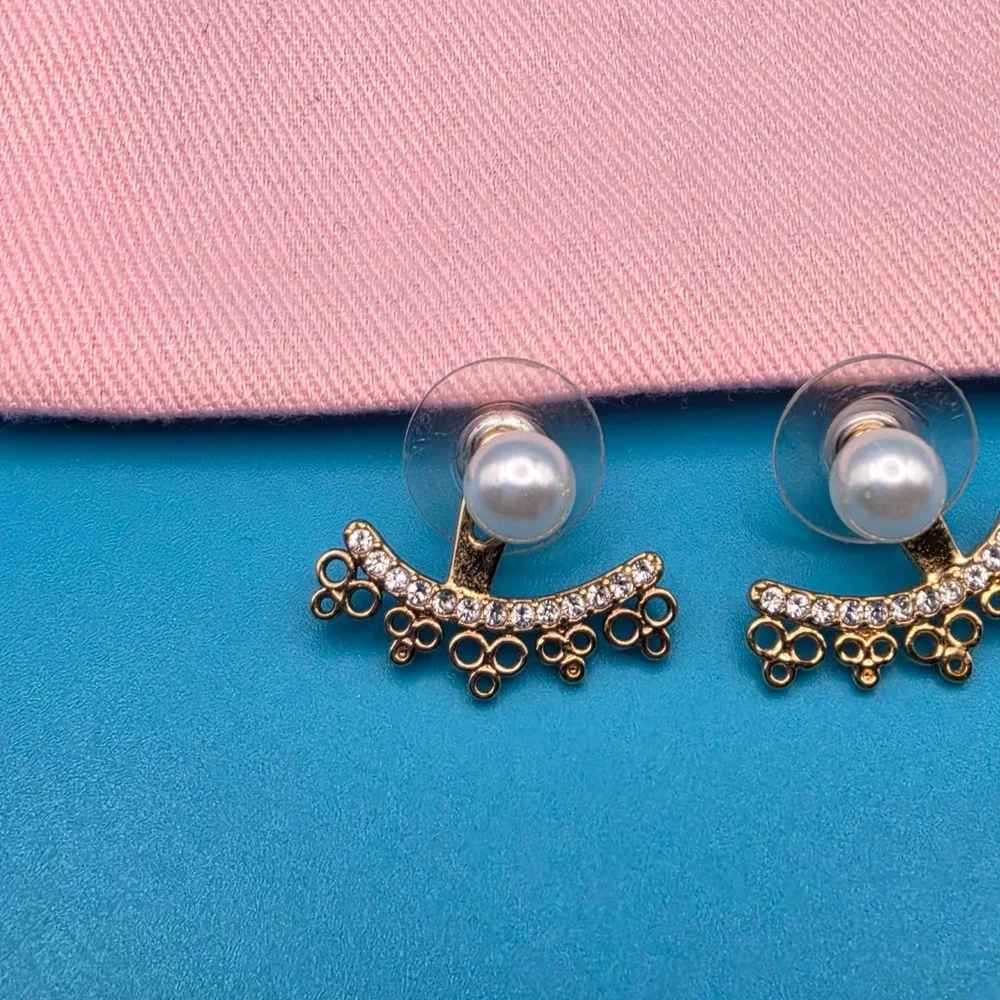 Kate Spade Faux Pearl Crystal Pave Ear Jacket Earrings Gold Tone